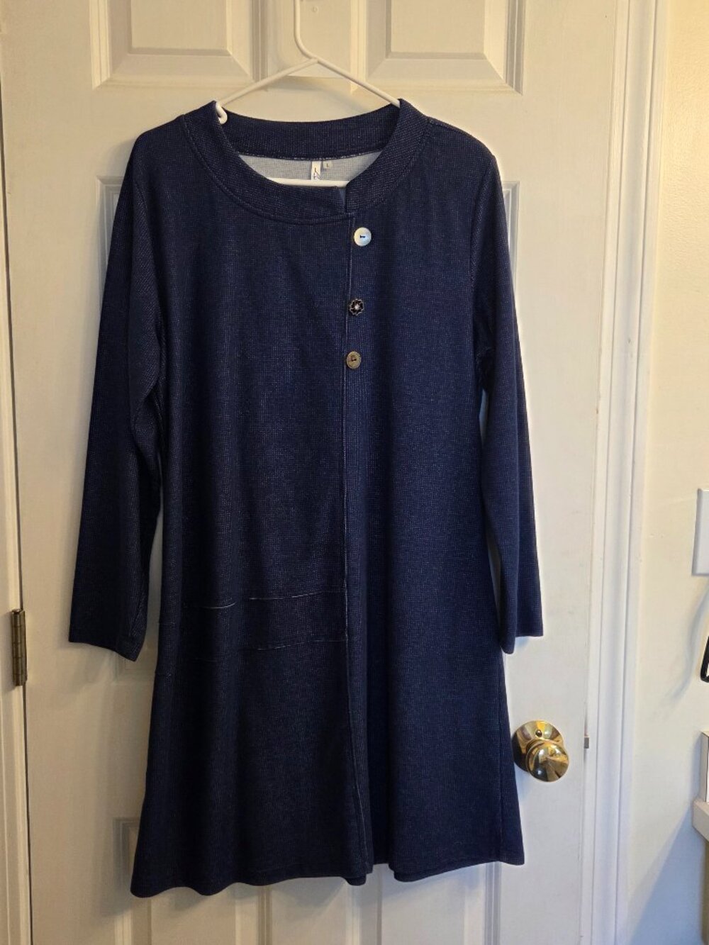 Lulu B Denim Look Dress: Asymmetrical Neck with Button Detail